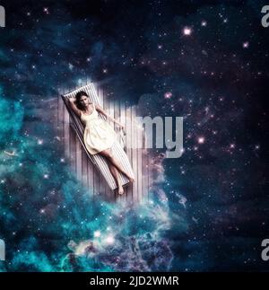 Dreaming through the universe. Illustration of a young woman sleeping on a deck chair floating through the universe. Stock Photo