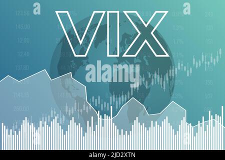Volatility VIX index graph on blue finance background with columns, line, candlesticks, text Stock Vector