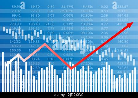 Blue financial background with candlesticks, columns, numbers, red arrow. Uptrend Stock Vector