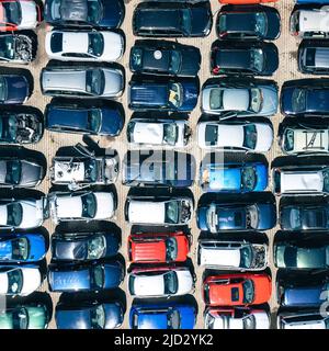 Abandoned Cars in Junkyard. Top Down View. Drone Photo. Vehicle Demolition. Stock Photo