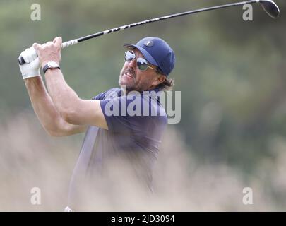 New York, USA. 17th June, 2022. Phil Mickelson hits his tee shot on the 13th hole in the second round of the 122nd USA Open Championship at The Country Club in Brookline, MA on Friday, June 17, 2022. Photo by John Angelillo/UPI Credit: UPI/Alamy Live News Stock Photo