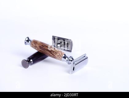 Close up of old  razors  on a white background.  Space for text. Stock Photo