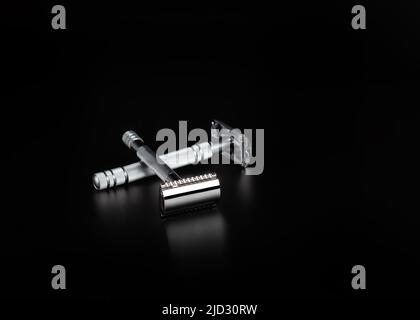 Close up of old  razors  on a black background.  Space for text. Stock Photo