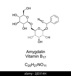 Amygdalin, with the misnomer vitamin B17, chemical formula and structure. Naturally occurring chemical compound, found in kernels of almonds. Stock Photo