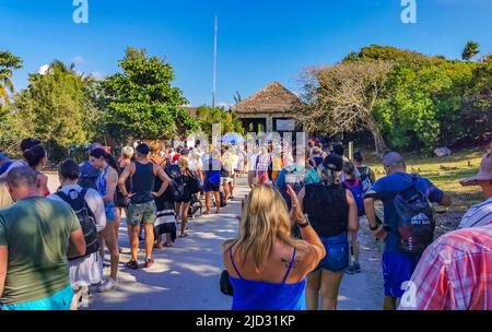 Tulum Mexico 21. February 2022 Entrance to the ancient Tulum ruins Mayan site with temple ruins pyramids and artifacts in the tropical natural jungle Stock Photo