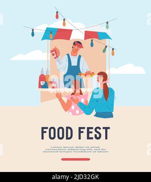 Food fest banner or poster template with hot dog seller and customers, flat vector illustration. Street food festival event advertising banner design. Stock Vector