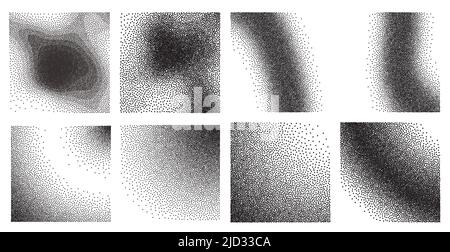 Trendy abstract stipple grunge texture set in pop art style. Dotwork gradient pattern. Vector halftone dotwork gradient. EPS 10. Stock Vector