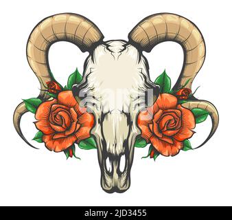 Tattoo of Goat Skull with Rose Flowers Tattoo drawn in engraving style isolated on white. Vector Illustration. Stock Vector