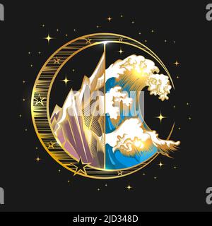 Wild Nature Emblem of Mountain and Ocean Wave Drawn in Engraving Style isolated on Black. Vector illustration. Stock Vector