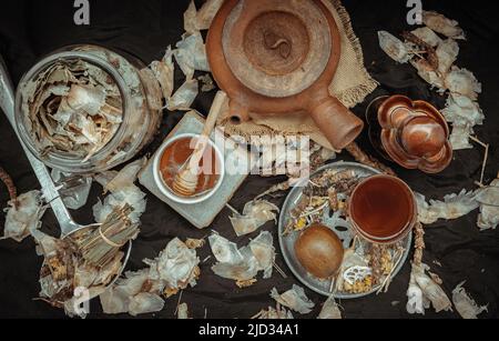 Top view of Chinese herbal tea (Jub Lieng). Mixed various herbal dry tea with Blady grass, Lotus leaf, Broken bones tree, Rehmannia glutinosa, Monk fr Stock Photo