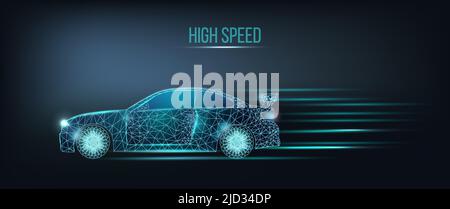 High speed car. Drive and fast race auto, power concept. Banner template with glowing low poly graphic arts. Futuristic modern abstract dark backgroun Stock Vector