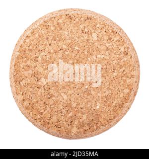 Round cork board isolated on white background, close up. Cork table coaster. File contains clipping paths. Space for text. Stock Photo