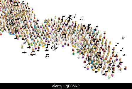 Crowd of small symbolic figures, melody notes, 3d illustration, horizontal background, over white, isolated Stock Photo