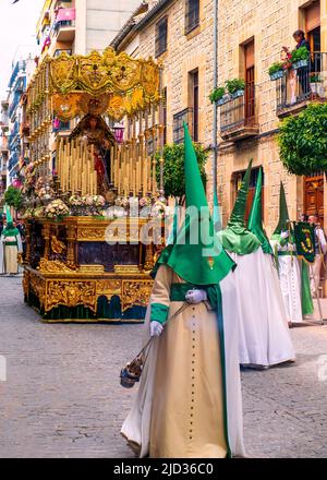 The throne of the Virgin Mary is carried through the streets of Úbeda during Holy Week. Stock Photo