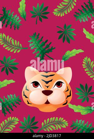 Tiger head and falling jungle leaves. Card background Stock Vector
