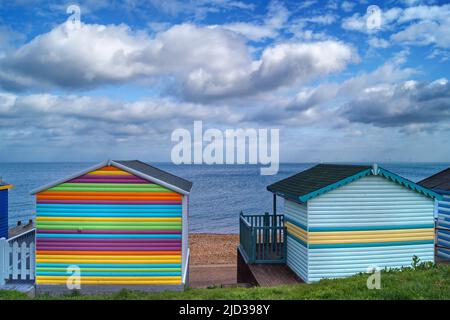 UK, Kent, Tankerton Slopes Beach Huts overlooking Beach and Sea Stock Photo