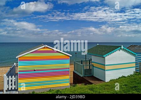 UK, Kent, Tankerton Slopes Beach Huts overlooking Beach and Sea Stock Photo