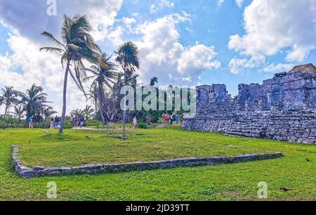 Tulum Mexico 21. February 2022 Ancient Tulum ruins Mayan site with temple ruins pyramids and artifacts in the tropical natural jungle forest palm and Stock Photo