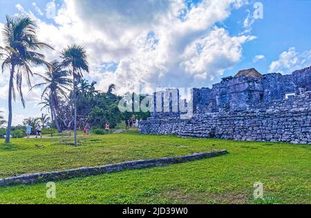 Tulum Mexico 21. February 2022 Ancient Tulum ruins Mayan site with temple ruins pyramids and artifacts in the tropical natural jungle forest palm and Stock Photo