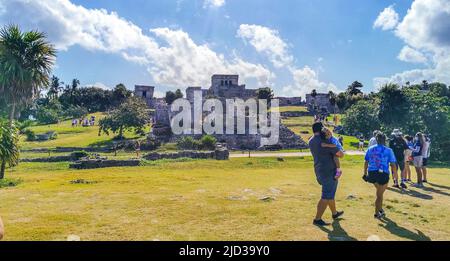 Tulum Mexico 21. February 2022 Ancient Tulum ruins Mayan site with temple ruins pyramids and artifacts in the tropical natural jungle forest palm and Stock Photo