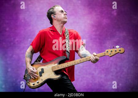 ITALY, MILAN, JUNE 15TH 2022: Scott Shriner, bassist of the American alternative rock band WEEZER preforms live on stage at Ippodromo SNAI La Maura during the 'I-Days Festival 2022' Stock Photo