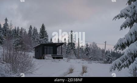 Modern black tiny cabin on Carpathian mountains in Ukraine in snowy forest Stock Photo