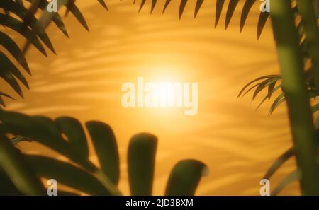 Abstract background, green leaves on orange background. soft focus with glow effect. 3d render, digitally generated backdrop with copy space Stock Photo