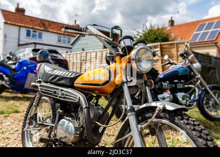 Woodbridge Suffolk UK August 14 2021: A classic 1973 Yamaha DT175 motorbike on display at a bikers meet Stock Photo