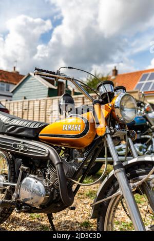 Woodbridge Suffolk UK August 14 2021: A classic 1973 Yamaha DT175 motorbike on display at a bikers meet Stock Photo