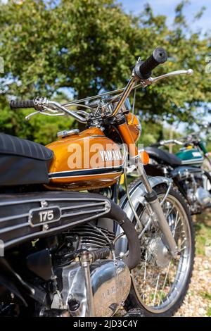 Woodbridge Suffolk UK August 14 2021: A classic 1973 Yamaha DT175 motorbike on display at a bikers meet Stock Photo