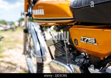 Woodbridge Suffolk UK August 14 2021: A classic 1973 Yamaha DT175 motorbike on display at a bikers meet Stock Photo