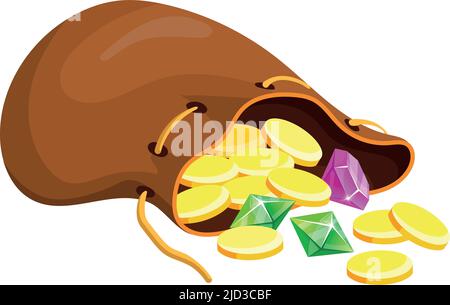 Open sack full of golden coins. Game treasure isolated on white background Stock Vector
