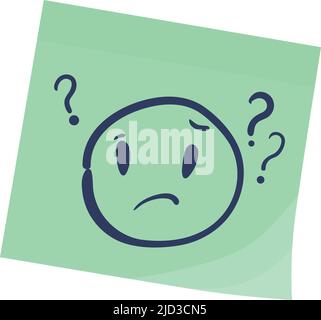 Face doodle with question mark on green sticky note isolated on white background Stock Vector