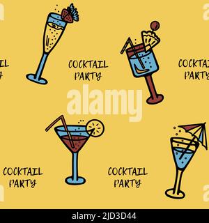 Pattern with cocktails with lettering Cocktail party. Drinks with ice, fruits, berries, alcohol on a yellow background. Stock Vector