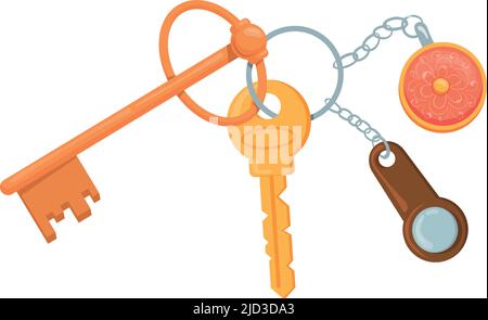 Keychain with keys. Cartoon car and house keys on ring isolated on white background Stock Vector