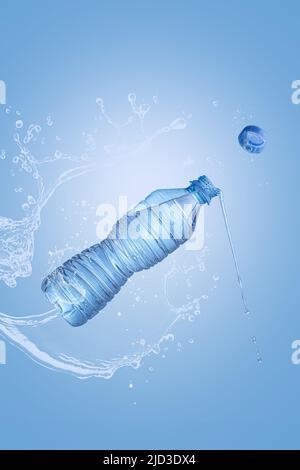 Flying bottle of mineral water with splash on blue background with copyspace and vertical format. Pure water levitation concept. Stock Photo