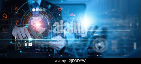 Cyber security and data protection Business Intelligence, businessman and digtal tablet global network connection, data exchange, digital technology, Stock Photo