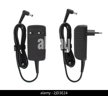 laptop power adapter, laptop spare part on white background, top view Stock Photo