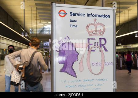London, UK. 10th June 2022. UK weather: TFL london underground  royal poster drawing shows The Queen's Elizabeth II Platinum Jubilee in a hottest day of the year in London. Credit: Xiu Bao/Alamy Live News Stock Photo