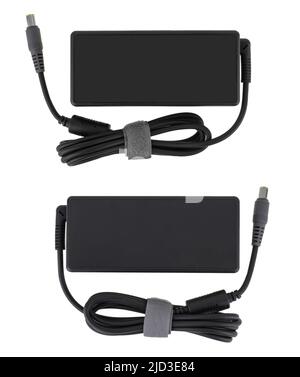 laptop power adapter, laptop spare part on white background, top view Stock Photo