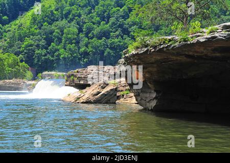 West Virginia's beautiful Kanawha Falls (New River) offer great fishing around cliffs and ledges for smallmouth bass, walleye and trout. Stock Photo