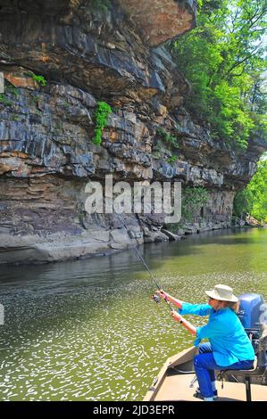 West Virginia's beautiful Kanawha Falls (New River) offer great fishing around cliffs and ledges for smallmouth bass, walleye and trout. Stock Photo