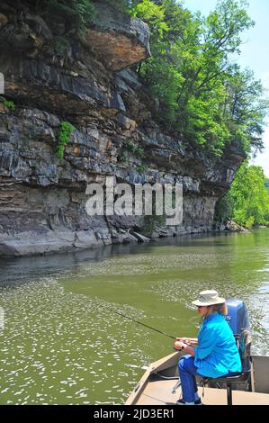 West Virginia's beautiful Kanawha Falls (New River) offer great fishing around cliffs and ledges for smallmouth bass, walleye and trout. Stock Photo