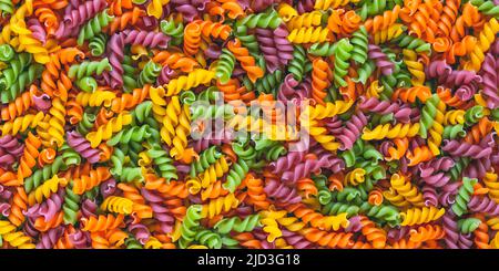 Italian pasta pattern, colorful background. Various colors of fusilli viewed from above. Top view. Multicolored texture of uncooked dry macaroni Stock Photo
