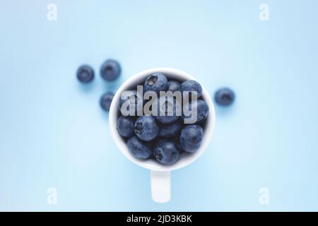 Fresh and ripe seasonal blueberries in white cup on pastel blue background. Soft selective focus. Stock Photo