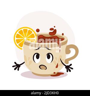 White tea cup with hot drink. Tea with lemon piece. Sad cartoon character with print on surface Stock Vector