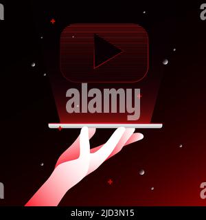 Hand holding Video Social Media Logo. Red Gradient Illustration. Vector illustration Stock Vector