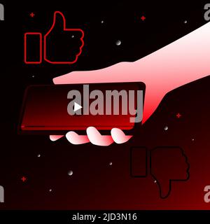 Creative Video Platform Illustration. Hand holds Smartphone with Video. Vector illustration Stock Vector