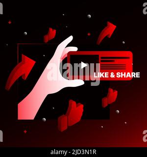 Hand Holding Video Frame. Like and Share Red Illustration. Vector illustration Stock Vector