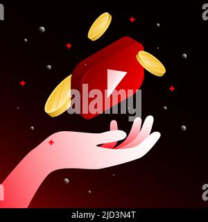 Blog Business Illustration. Video Platform Icon with Coin flow and Graphic Hand. Vector illustration Stock Vector